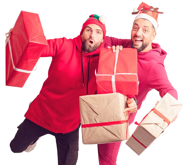 Tony Silvestre et Romaric Pagot déguisés en Pères Noël pour l'évènement Esprit Dog Chirstmas Show