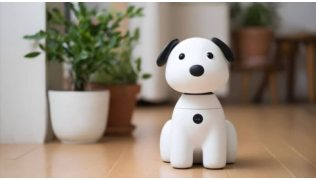Un chien robotique blanc aux oreilles noires est assis dans un salon