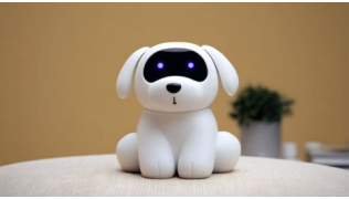 Un chien robotique blanc est assis sur un coussin dans un salon