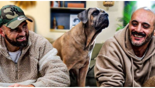 L'éducateur canin Tony Silvestre est assis à côté d'un chien de race Cane Corso et de son maître