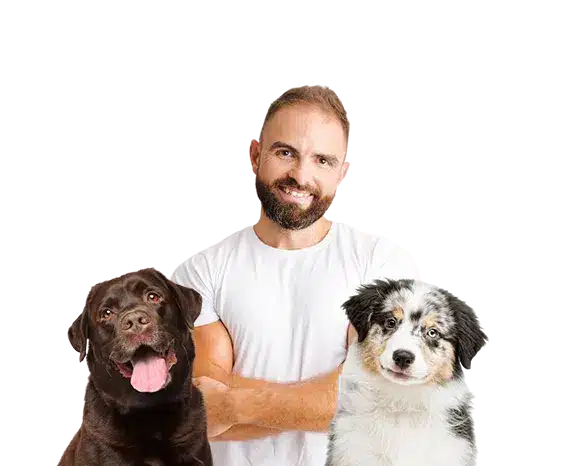 Tony Sylvestre avec un labrador et un berger australien